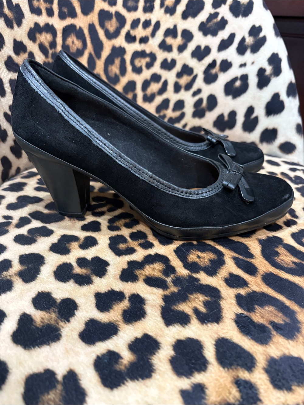 Clarks Black Suede Block Heel Pumps with Bow Accent